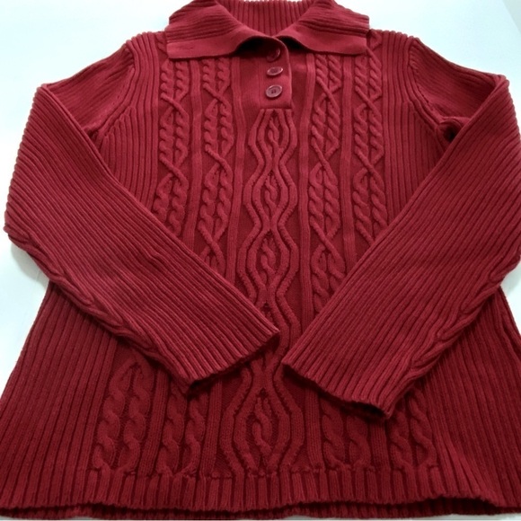 Red Cotton Ribbed Cable Knit Pullover Chunky Sweater Large - Picture 6 of 11